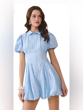 TCEC Baby Blue Fit and Flare Zipper Front Bubble Sleeves Dress
